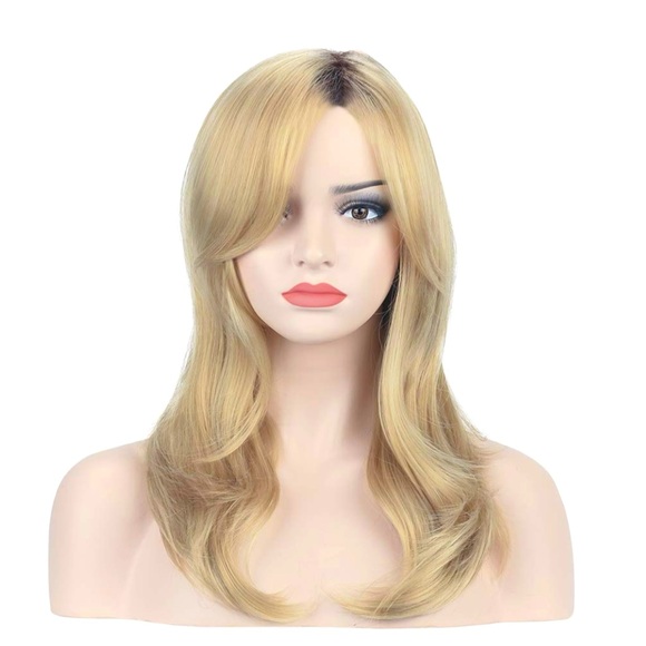 Wig Blonde Brown Roots Shoulder Length Long Shaggy Flaxen Free Part Side Part - Picture 14 of 16